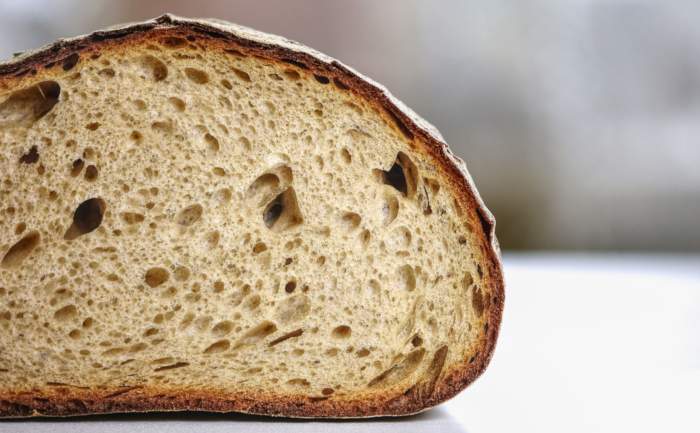 A bread boule sliced in half