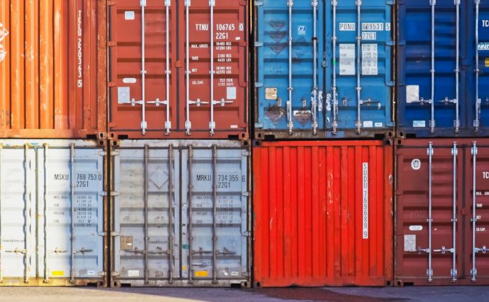 Stacked shipping containers at a port